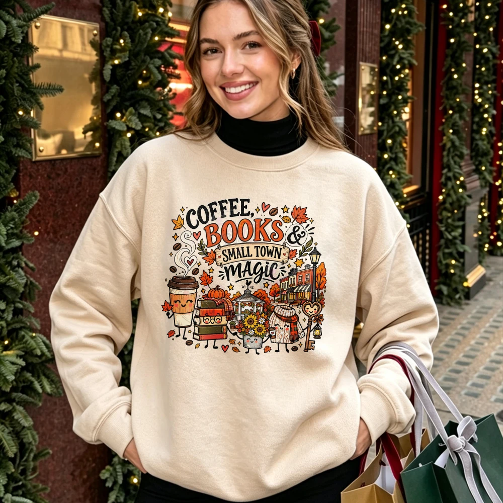 WOMEN'S-WINTER-Coffee-Books-Small-Town-Magic-Hoodie-Men-Women-Fall-Autumn-Bookish-Book-Lover-Sweatshirt-Cute-Pumpkin-Beige-Cozy