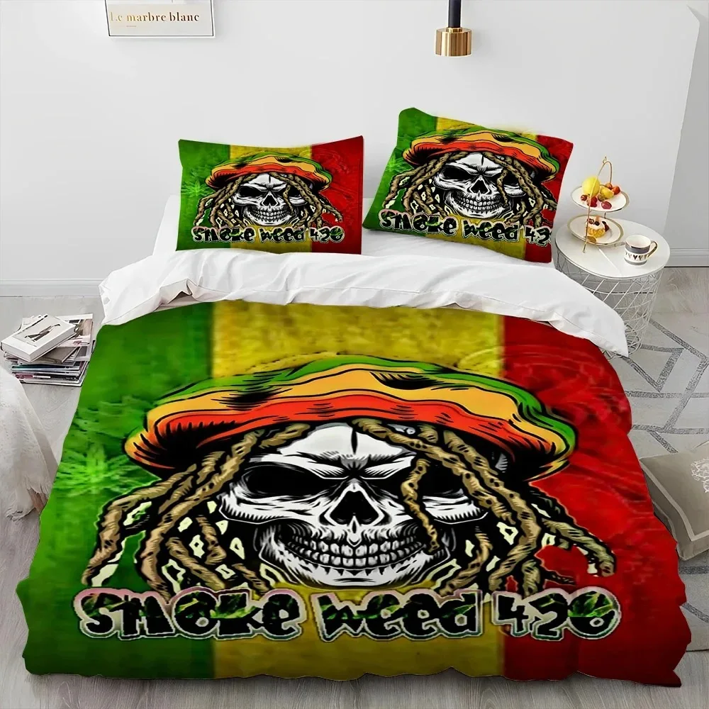 Maple Weed Plant Green Death Skull Smoke Bedding Set Duvet Cover Bed Set Quilt Cover Pillowcase Comforter king Queen Size