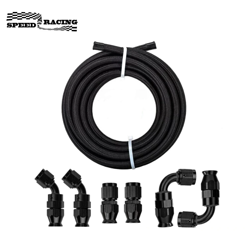 

AN4/6/10 Nylon Braided PTFE Fuel Line 10FT 6PCS Fittings Hose Kit E85 Black