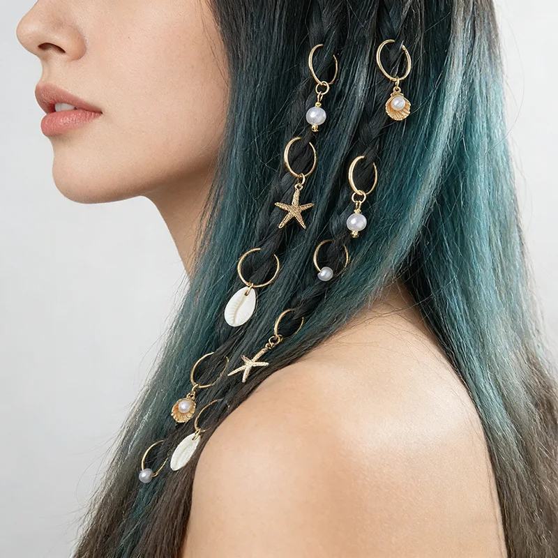 10PCS/set Sea Shell Braided Hair Rings Hair Buckle Hip Hop Dirty Braids Personalized Casual Hairs Clips Bohemian Vacation Styles