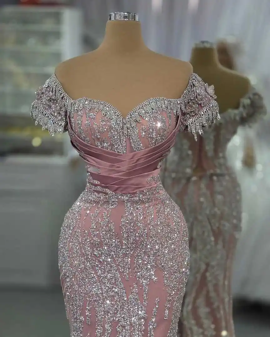 Fashion Mermaid Evening Dress Sweetheart Neck Beaded Crystal Prom Gowns Sleeveless Floor Length  Party Dresses Customized