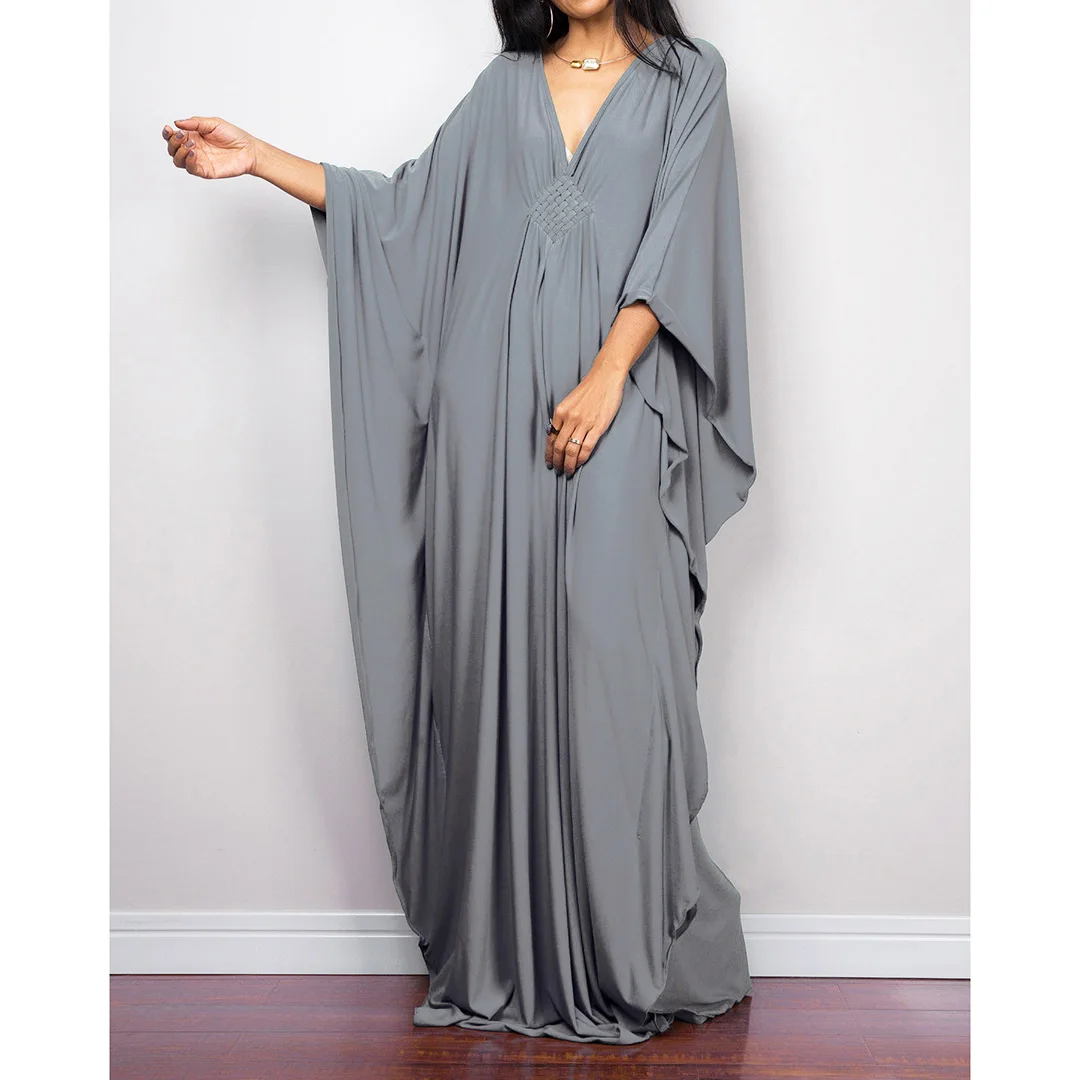 Langes Kleid im Stil einer griechischen Göttin, Tunika mit Fledermausärmeln, Strandkleid, Strandtuch, Strandmode, Kaftan, Maxikleid V4427 – Detail 39