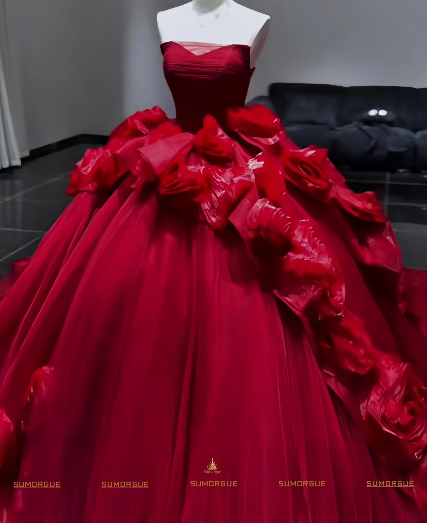 Red Wedding Dress Strapless Fluffy Skirt Retro Red Three-dimensional Flower Long Tail HIgh-end Customized Vestidos de novia