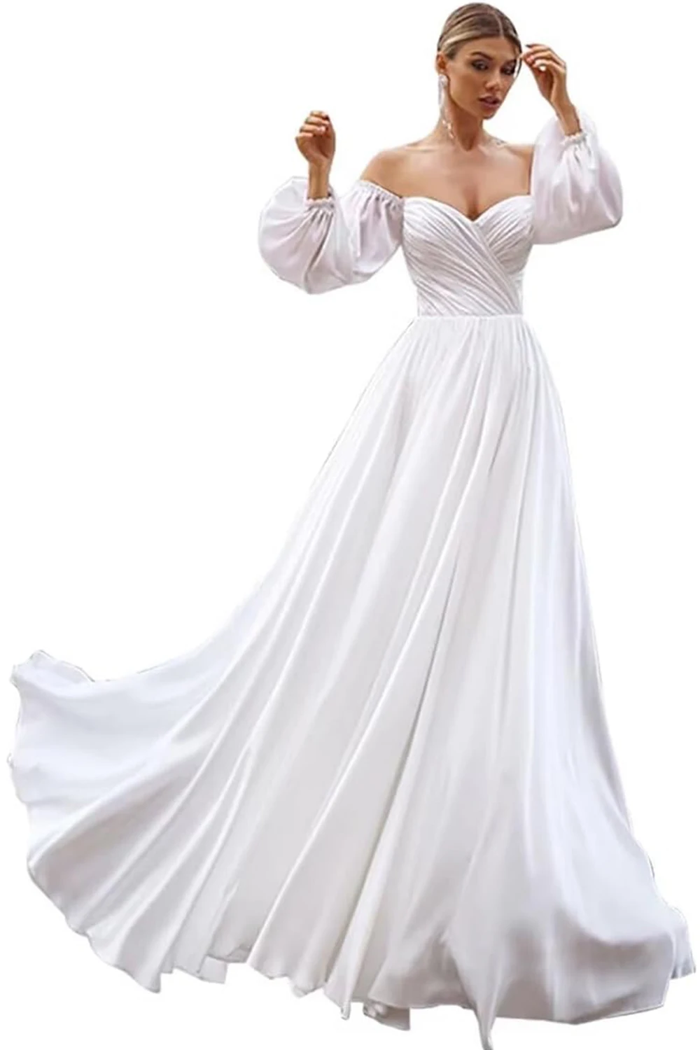 Off Shoulder Lange Mouw Trouwjurk Strand V-Hals Chiffon Prom Jurken A Line Avondjurken Voor Vrouwen Met Mouwen Eenvoudig