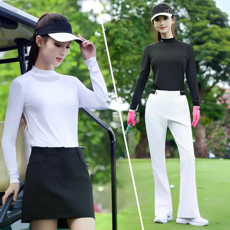 Pgm Women Golf Sportswear Ice Silk Cool Long Sleeve Top Ladies Summer Sunscreen Hollow Out Tops Anti-UV Sports Shirts S-XXL