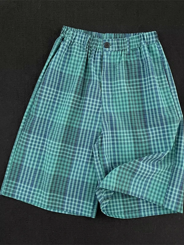 

American Lazy Plaid Casual Men's orts Summer Trendy Vintage Couple Straight Loose Wide Leg Five-Quarter Pants