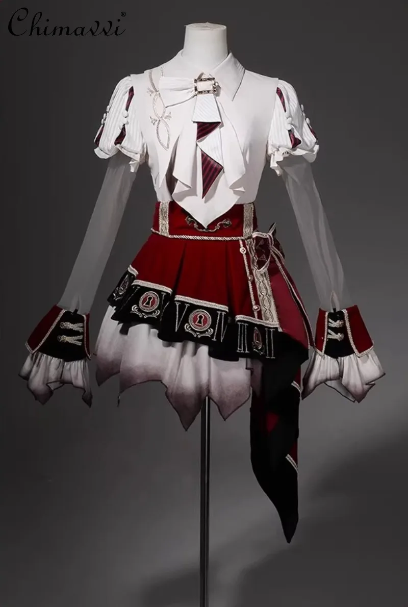

Original College Style White Elegant Retro Lolita Sk Sets Spring Summer New Gothic Flared Sleeve Slim Shirt Irregular Mini Skirt