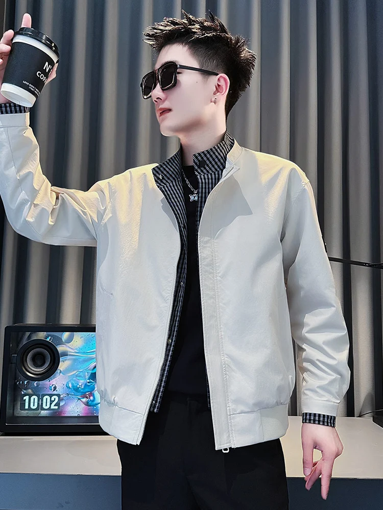 

Новый мужской клетчатый тюнет, весенне-осенний повседневный модный воротник-стойка, состоящий из двух частей, модный бренд, облегающий крой, ткань из бычьей ткани