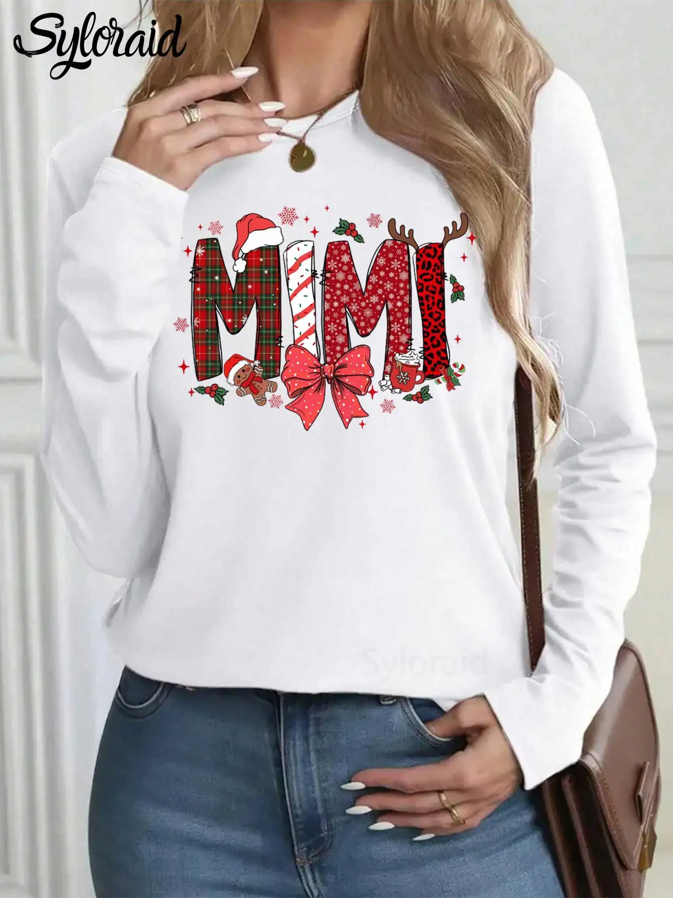 

Women's Long Sleeve T Shirt MiMi Claus Christmas Antlers Bow Print T Shirt Fashion Round Neck Casual Top