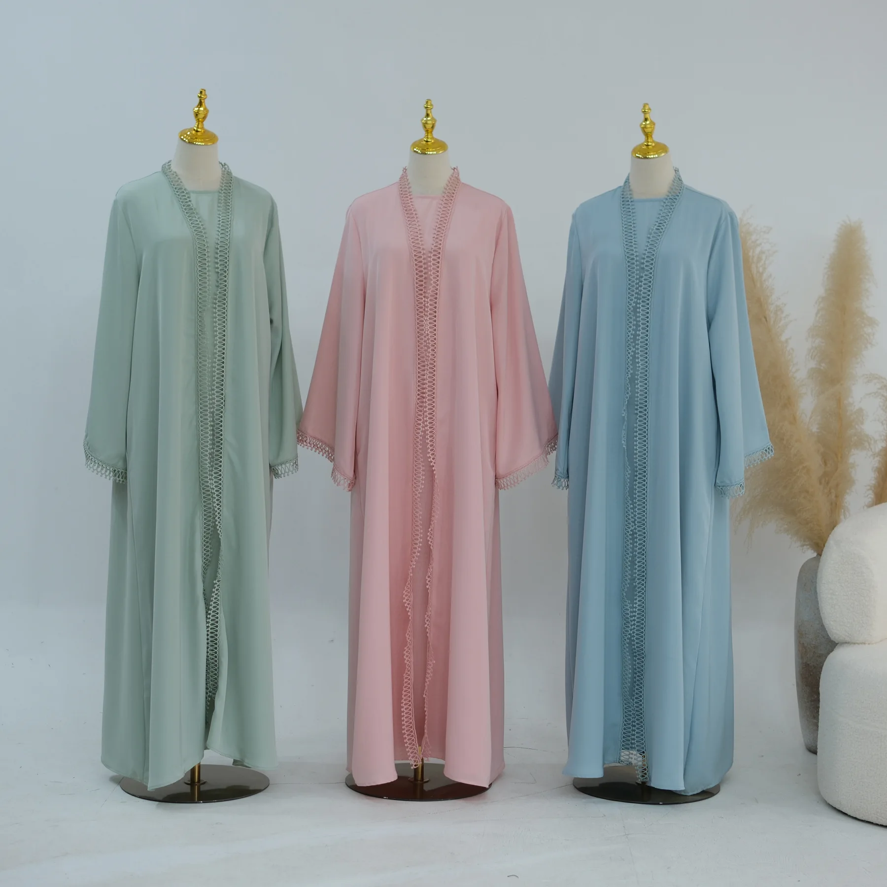 Solid Color Elegant Lace Casual Trendy Daily Long Sleeve Open Stitch Abaya Cardigans Inner Dresses for Women Muslim 2 Pieces Set