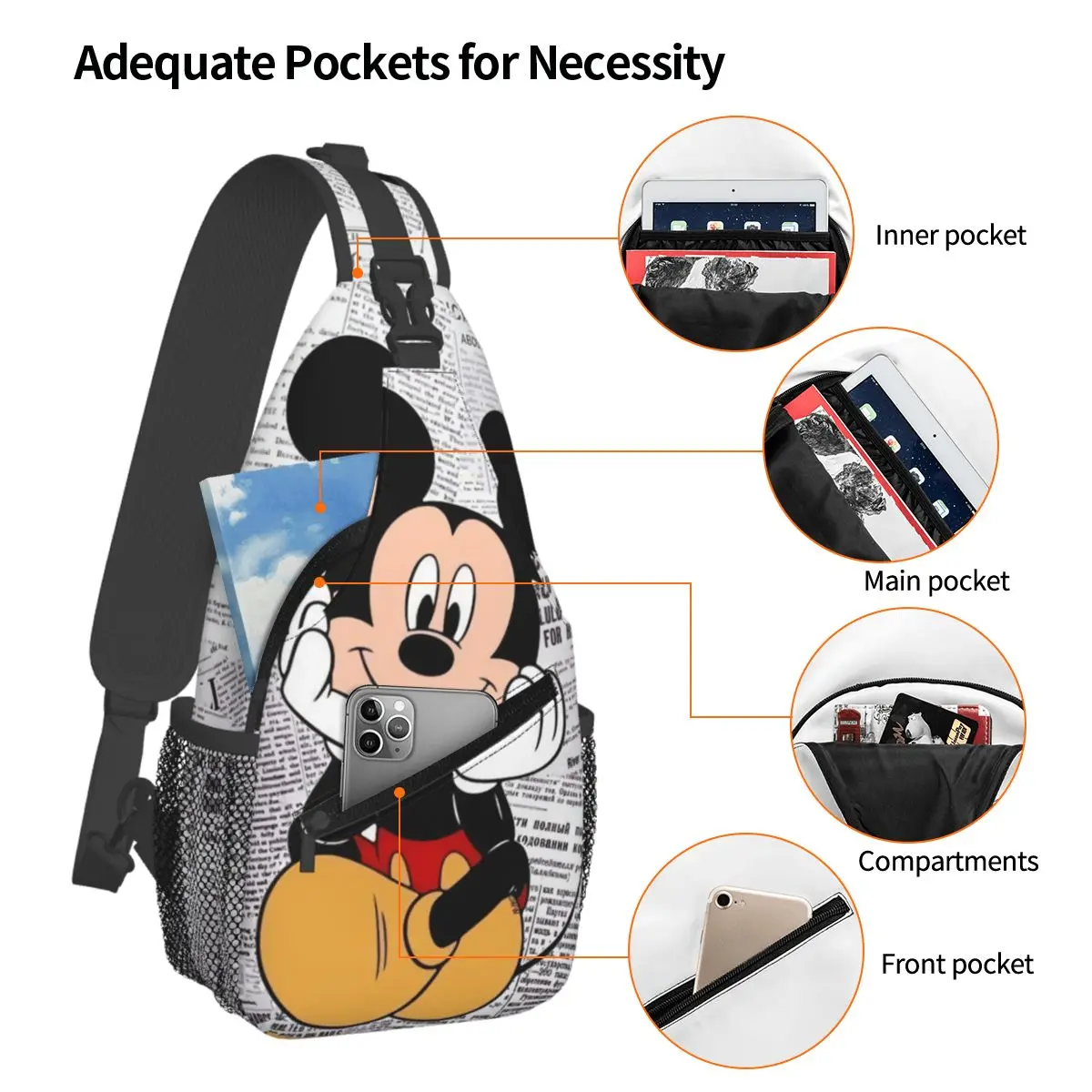 Custom Mickey Mouse Shoulder Crossbody Chest Backpack for For Cycling Shoulder Chest Bags Sling Bag Cartoon Shoulder Backpack