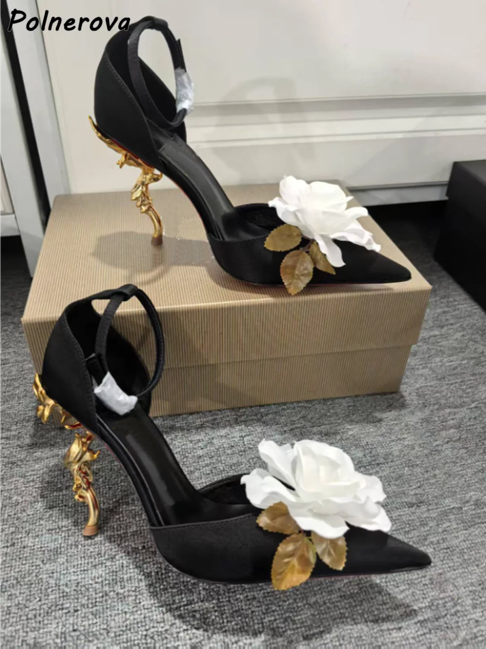 Flower Stem Heels Rose Sandals Sexy Pointy Toe Flower White Red Thin Heels Women's Shoes Fashion Summer Elegant Stiletto Shoes - view 6