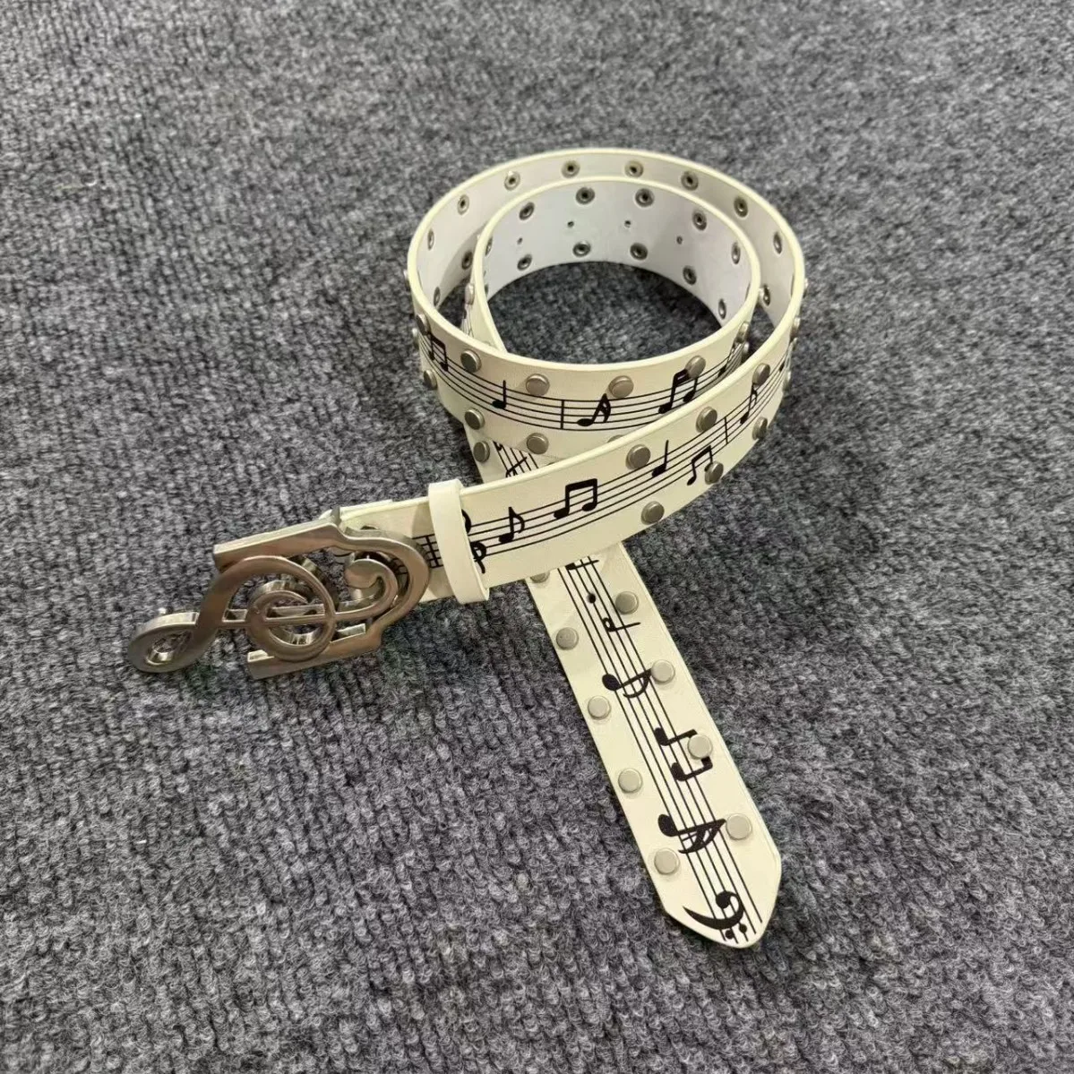 Music Note Print Waist Belt Treble Clef Metal Buckle Rivet Decor Cinturon Unisex Punk Street Decorative Jeans Belt For Men Women