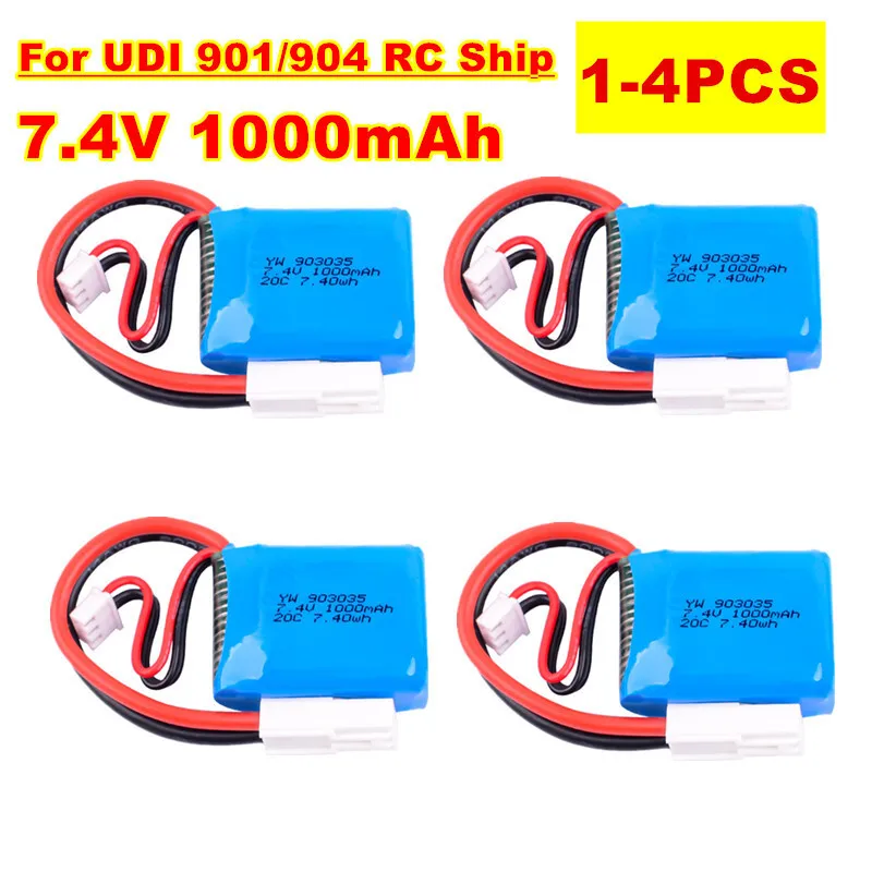 7.4V Battery 2S 1000mah 20C Lipo Battery for UDI901 UDI904 UDI001 Remote Control Ship  Parts Battery with EL-2P Plug