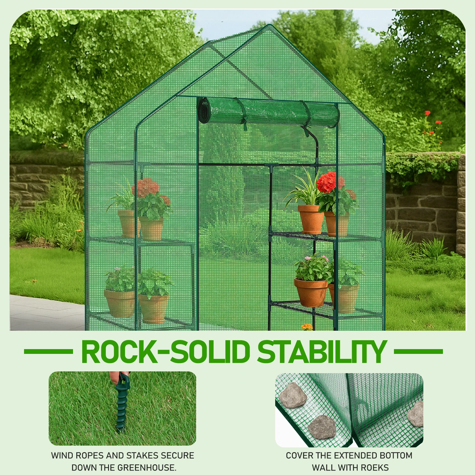 

56 * 29 * 77in PE cloth flower room, green PE cloth, dark green iron pipe, spire, with 4 mesh flower stand, with zipper roll