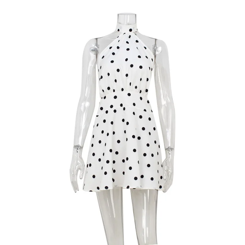 Мини-платья с лямкой на шее в горошек в отпускном стиле, женские летние модные платья трапециевидной формы на шнуровке с открытой спиной, шикарные женские платья