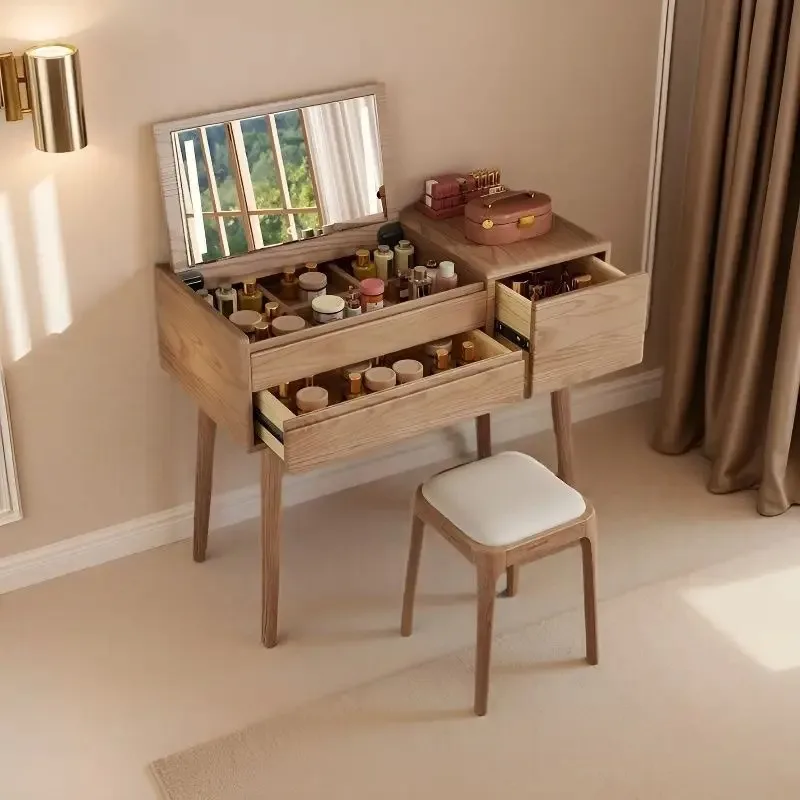 All solid wood clamshell ash wood, small apartment bedroom simple, vanity mirror desk integrated, vanity table with lamp
