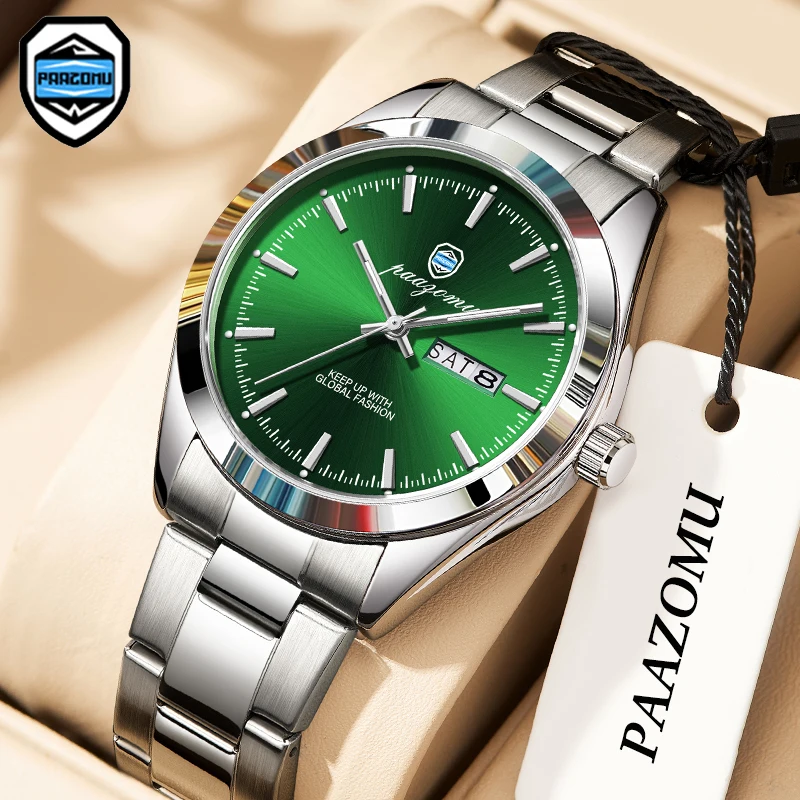 

PAAZOMU мужские кварцевые часы из нержавеющей стали 30 метров водонепроницаемые светящиеся автоматические календари спортивный стиль подходят для повседневного ношения