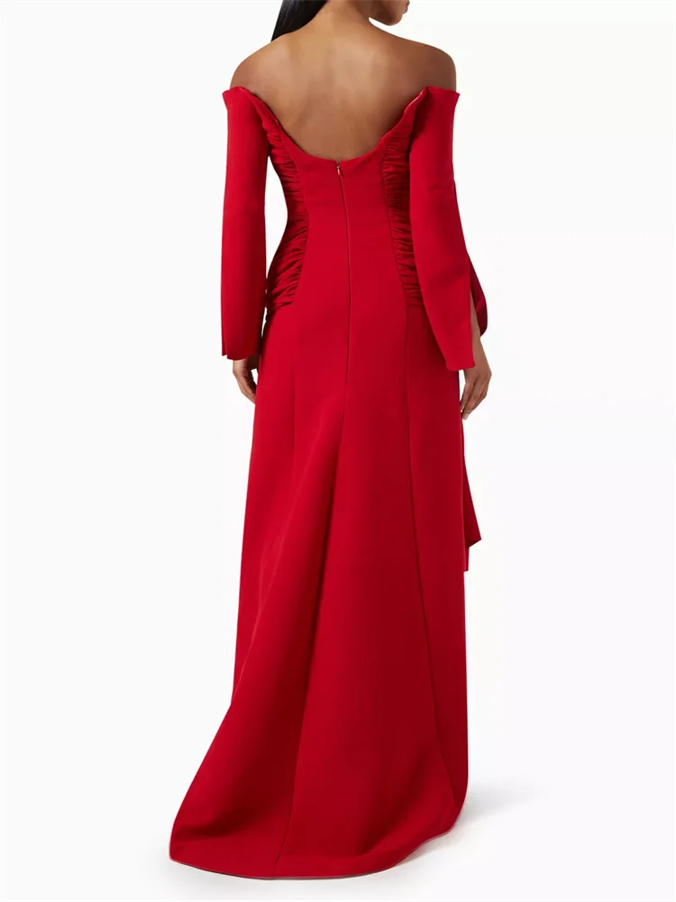 Hot Selling Off Shoulder Neckline Satin Straight Evening Dress Elegant Open Back Zipper Floor Length High Slit Gown For Women