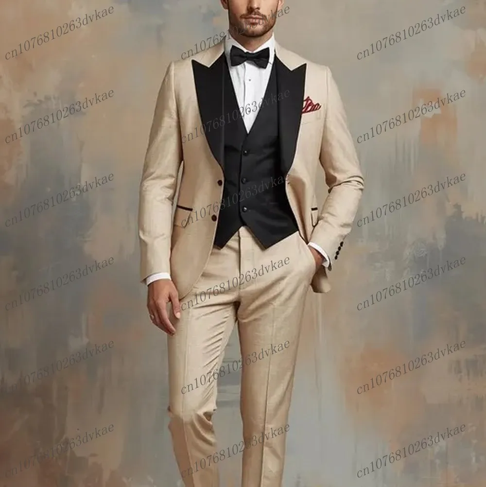 

Champagne And Black Men Suit Wedding Party Formal Groom Groomsman Prom Business Male Tuxedos 3 Piece Set Jacket Vest Pants
