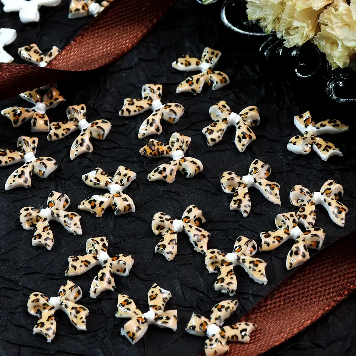 30pcs Leopard Print Ribbon Bow Nail Charms Parts Kawaii Bows Decoration Accessories DIY Nail Art Design Supplies