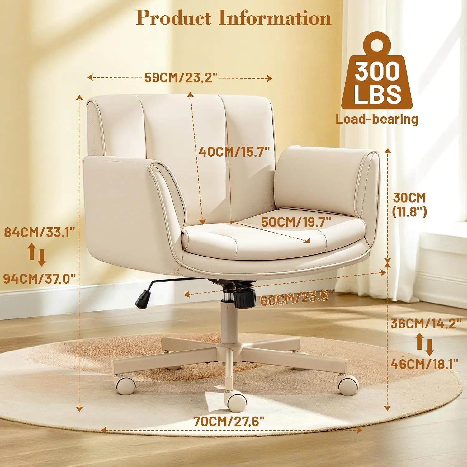 Criss Cross Chair with Wheels & Armrests,Comfy Wide Vanity Chair,Scratch-Resistant Pu Leather Cross Legged Desk, Customized