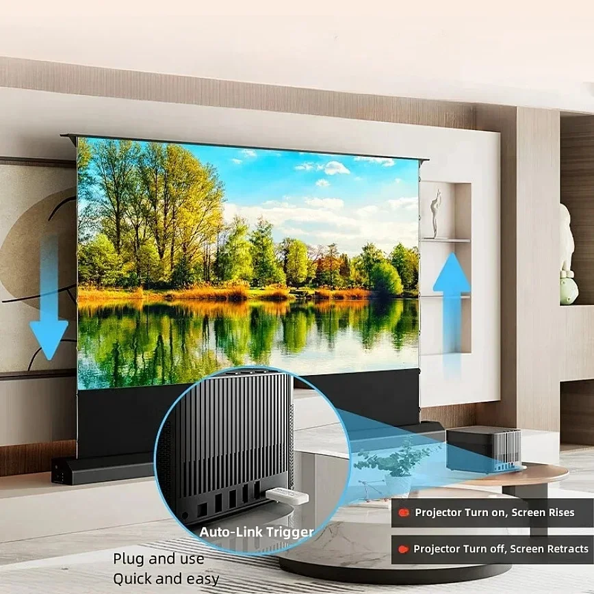 72 Inch 150 inch Anti-Light Electric Pop-up/Floor Rising Projector Screen Motorized Tab Tension Fresnel Projection Curtain 4K 3D