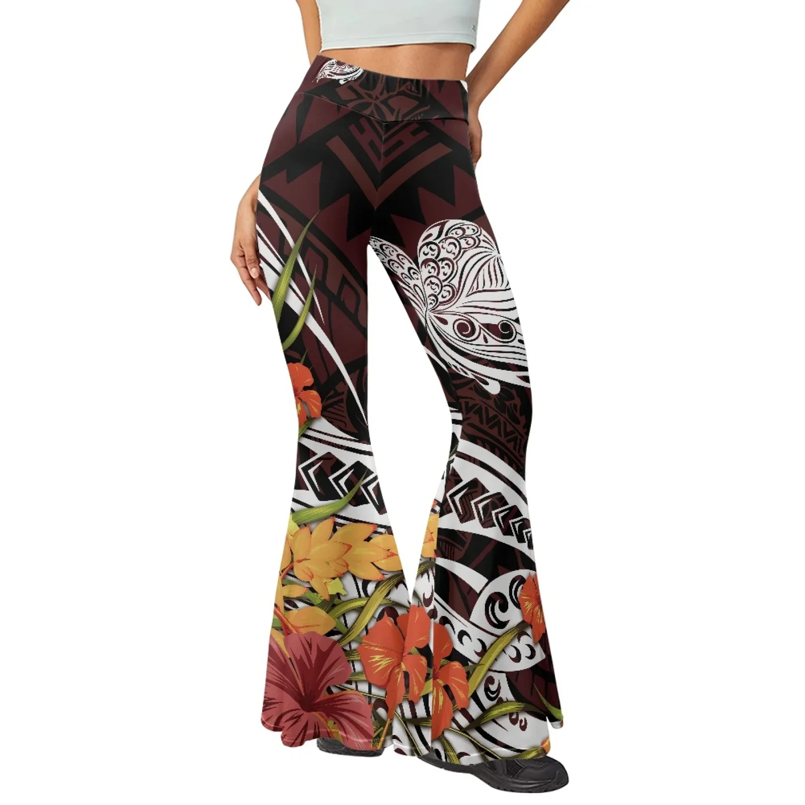 Women Sexy Slim Green Yoga Flared Pants, Polyester Fabric, Hawaiian Totem, Tattoo, Hawaii Prints, Soft And Comfortable, Tribal