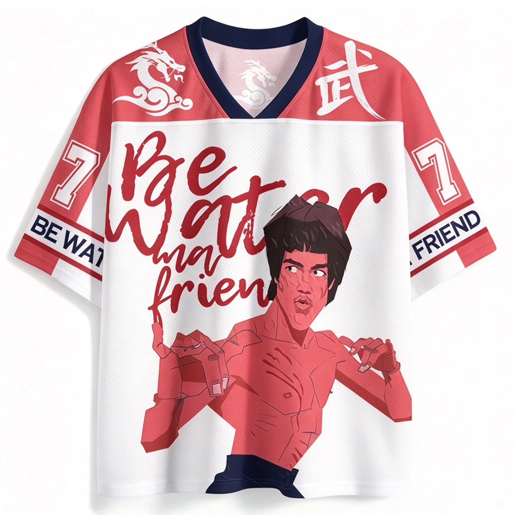 Retro Kung Fu Dragon V-neck Mesh T-Shirt Be Water Martial Arts Slogan Print Short Sleeve Casual Unisex Streetwear Top