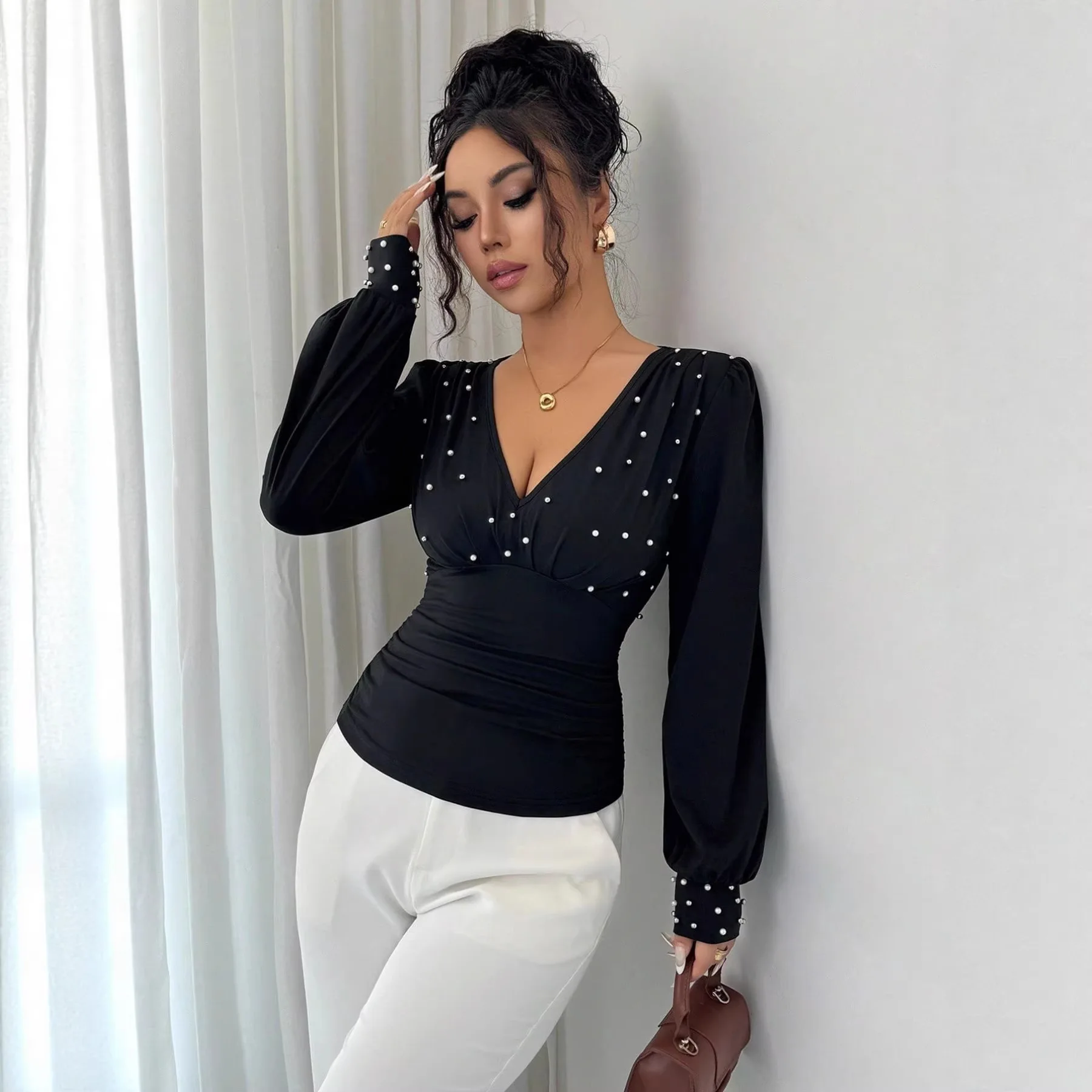 Women’s Elegant V Neck Pearl Decor Puff Sleeve Long Sleeve Slimming Skin Friendly Commute Daily Date Sophisticated Style T Shirt