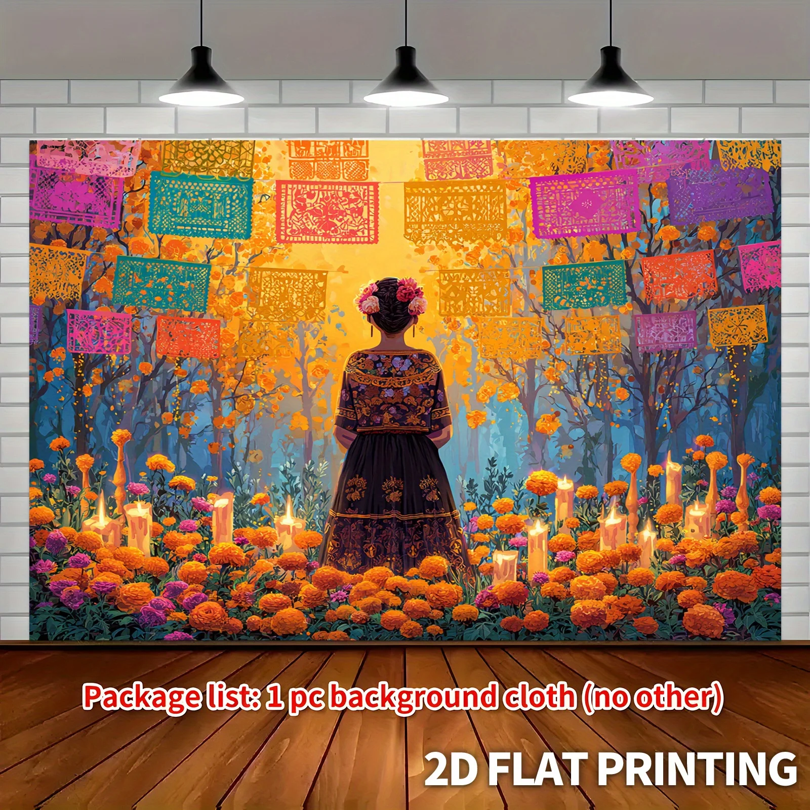 2D Flat, 2D Flat Banner, 1pc Mexican Folk Art Paper Cutting with Marigold - Heavy-Duty Day of the Dead Altar Decoration, Torn Pa