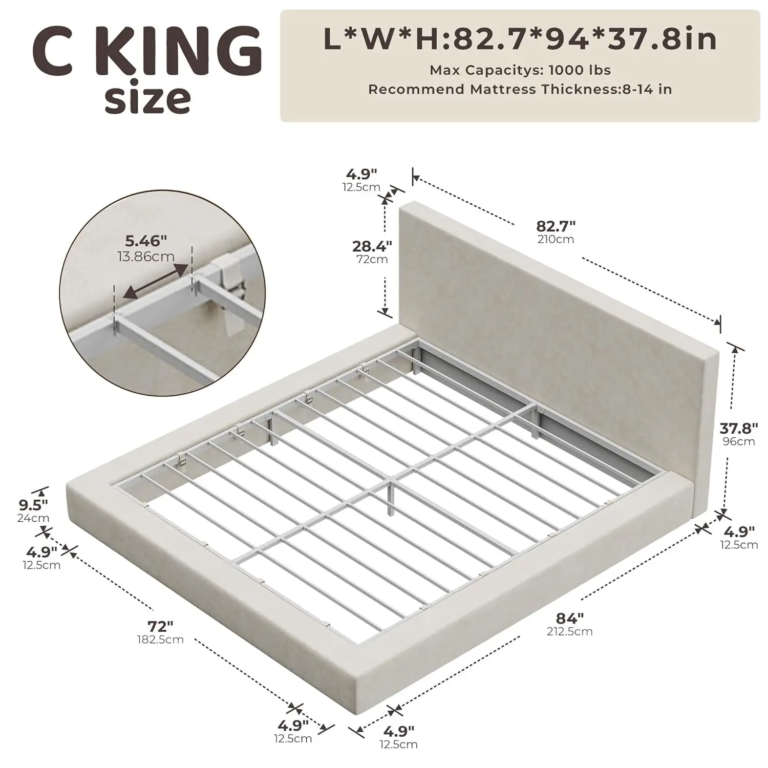 #California King Upholstered Platform Bed Frame with Headboard 5 Inch Foam Cushion No Box Spring Easy Assembly Customized