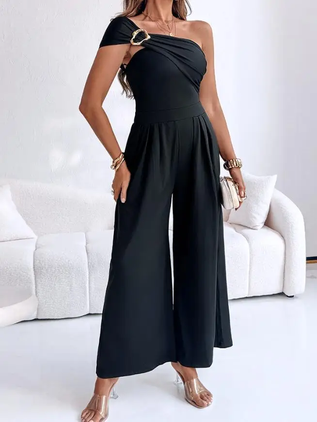 

Fashion Jumpsuit Women 2025 Summer Metal Ring Decor Solid Color One Shoulder Ruched Jumpsuit Casual Pleated Wide Leg Jumpsuit
