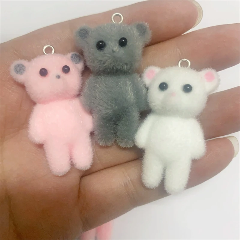 

Newest 30pcs/lot color flocking animals cartoon bears shape resin beads with alloy hanger diy jewelry accessory