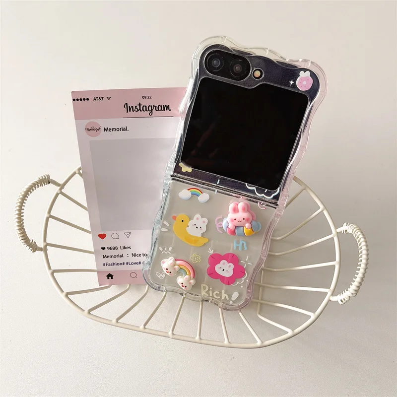 귀여운 만화 3D 무지개 토끼 삼성 Z Flip6 Z Flip5 6 갤럭시 5G zflip3 4 전화 케이스 쉘 도넛 체인 카와이 커버