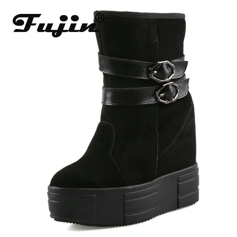 

Fujin 13cm Cow Suede Genuine Leather Women Boots Platform Wedge Plush Winter Hidden Heels Autumn Ankle Mid Calf Booties Shoes