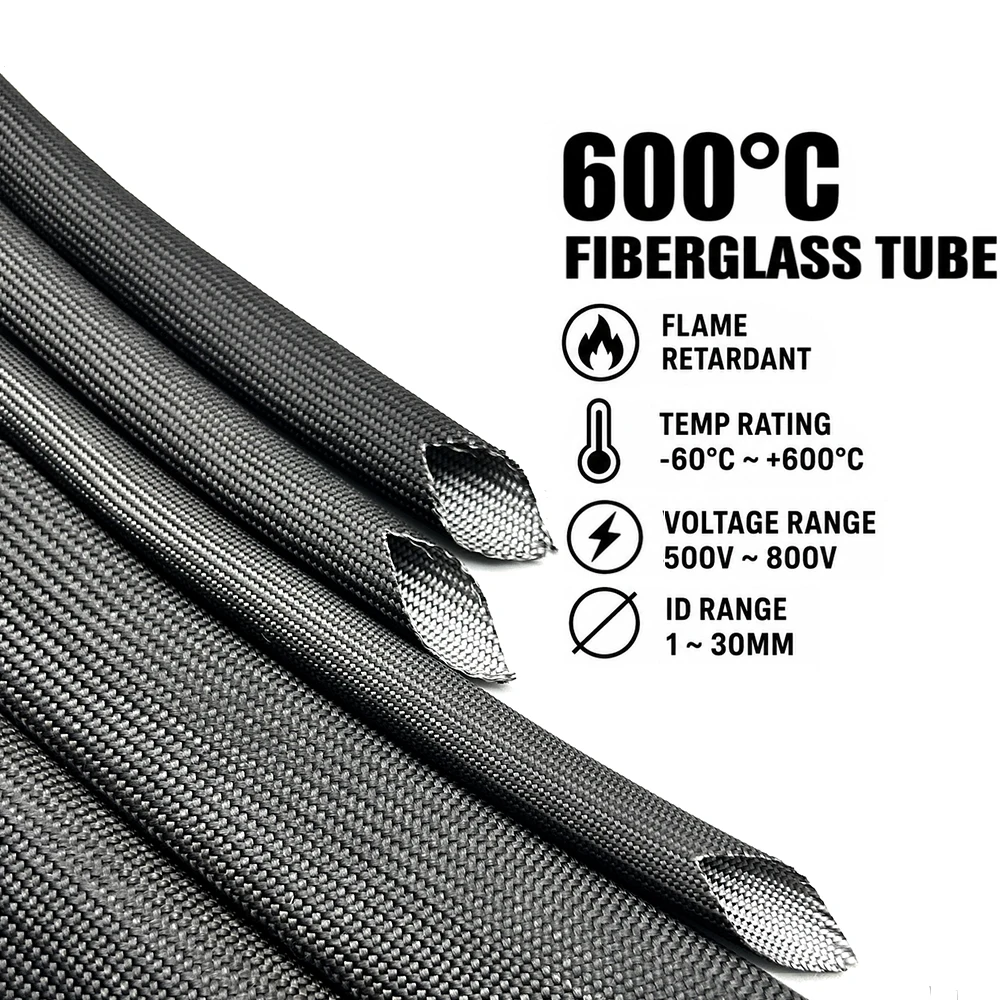 Black 600 deg C glassfiber sleeve ID 1/1.5/2/2.5/3/3.5/4/5/6/7/8/9/10/12/14/16/18/20/25/30/35mm High temperature wire insulation