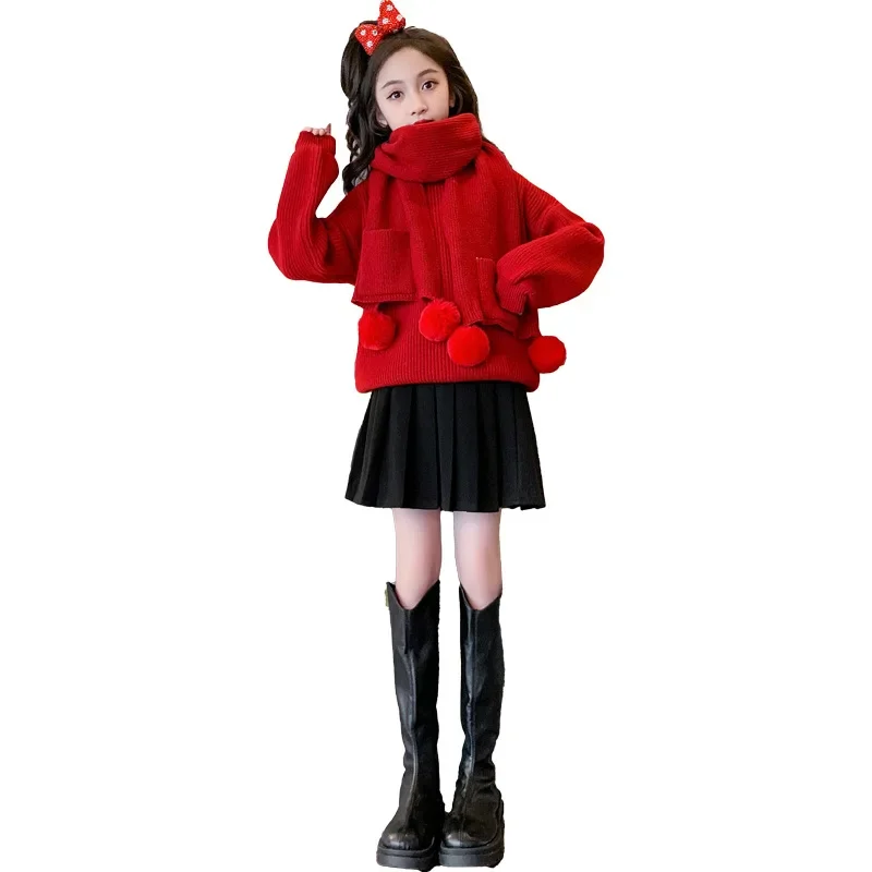 Children Winter Sweater Women Big Boys Thickened Knitted Undershirt Top 2024 Foreign Winter Red Knitted Warm New Year Clothes