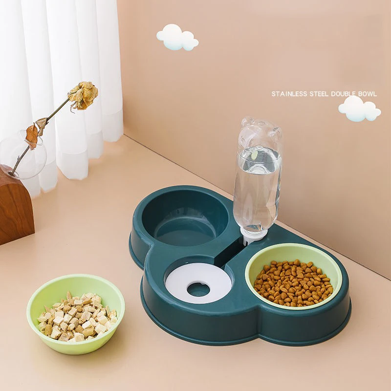 Pet Cat Bowl Automatic Feeder 3-in-1 Dog Cat Food Bowl With Water Fountain Double Bowl Drinking Raised Stand Dish Bowls For Cats