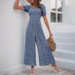 Elastic Waist Jumpsuit Stylish Women's Floral Print Jumpsuits V-neck Romper Elastic High Waist Wide-leg Pants for Summer Beach
