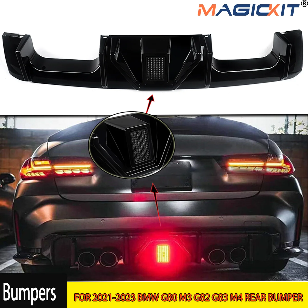 FOR 2021-2023 BMW G80 M3 G82 G83 M4 REAR BUMPER DIFFUSER GLOSS BLACK W/LED LIGHT