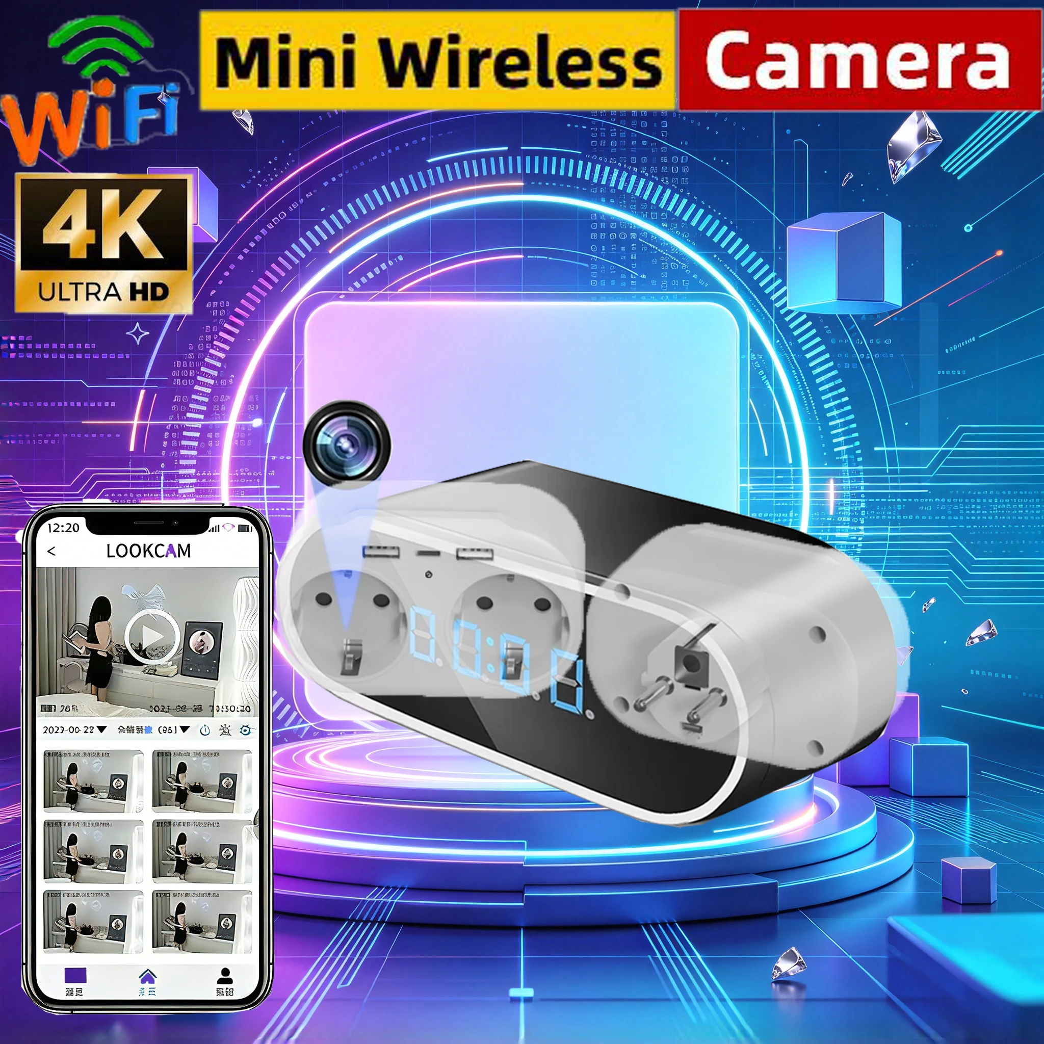 4K HD Upgraded Wi-Fi mini Clock Camera,European socket,Remote Viewing,Motion Detection,Home High definition night vision LOOKCAM