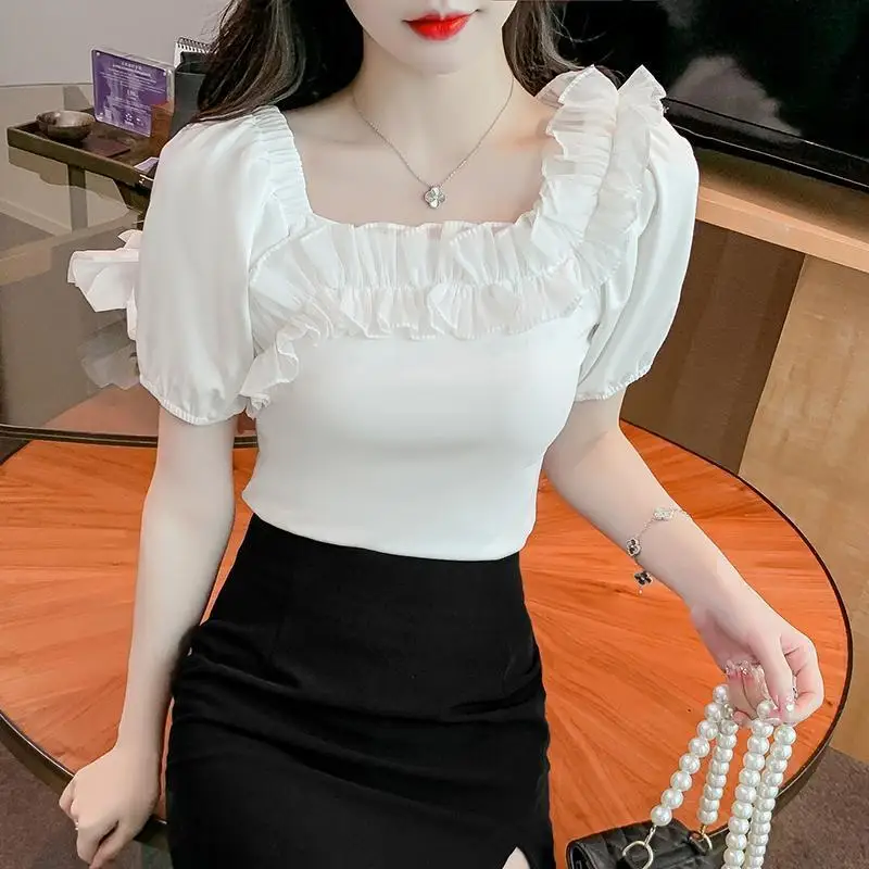 

2023 New Summer Fashion Trend Commuting Simple and Pure Desire Foreign Style Ruffle Edge Square Collar Sweet Casual T-shirt