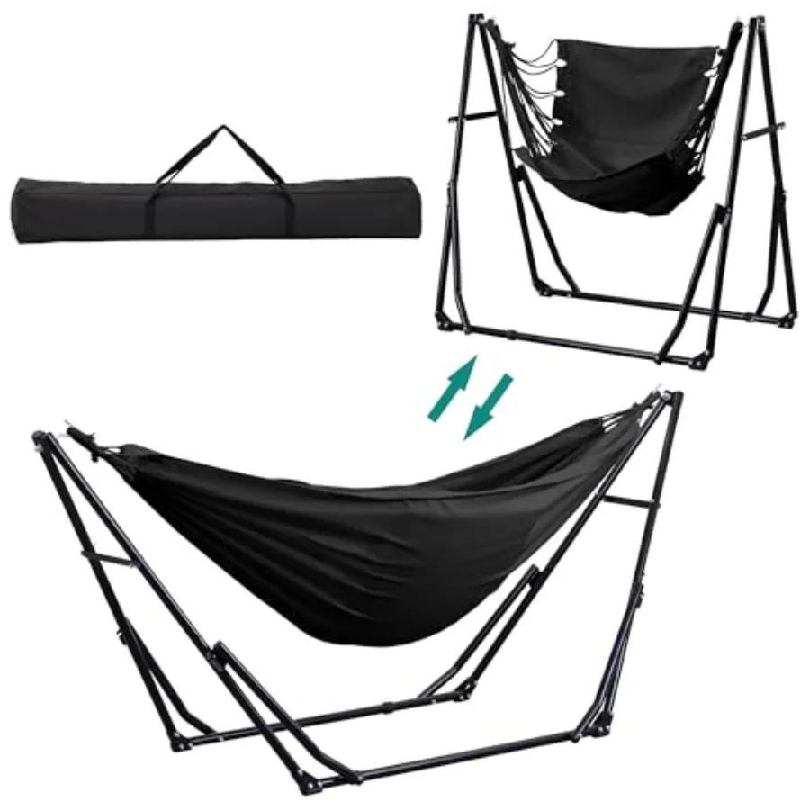 

2 in 1 Hammock and Swinging Chair with Foldable Stand Portable Camping Chair for Outdoor Use Patio Garden Camping Trip Black In
