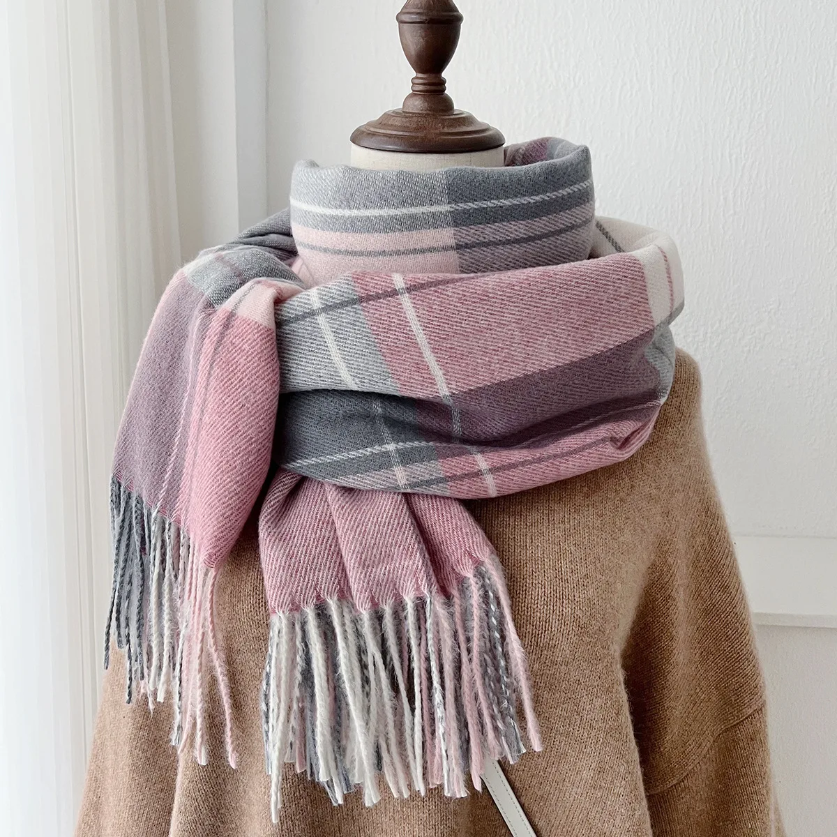 Long Plaid Faux Cashmere Scarf for Women Thick Warm Winter Shawl Wrap Soft Neck Cover for Daily Outdoor Wear