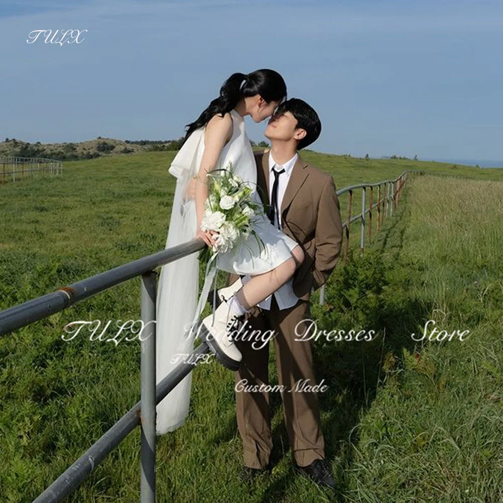 

TULX Elegant Mini A-line Satin Korea Ivory Wedding Dress Photo Shoot O-Neck Sleeveless Bridal Gown Above knee Custom Made 웨딩드레스