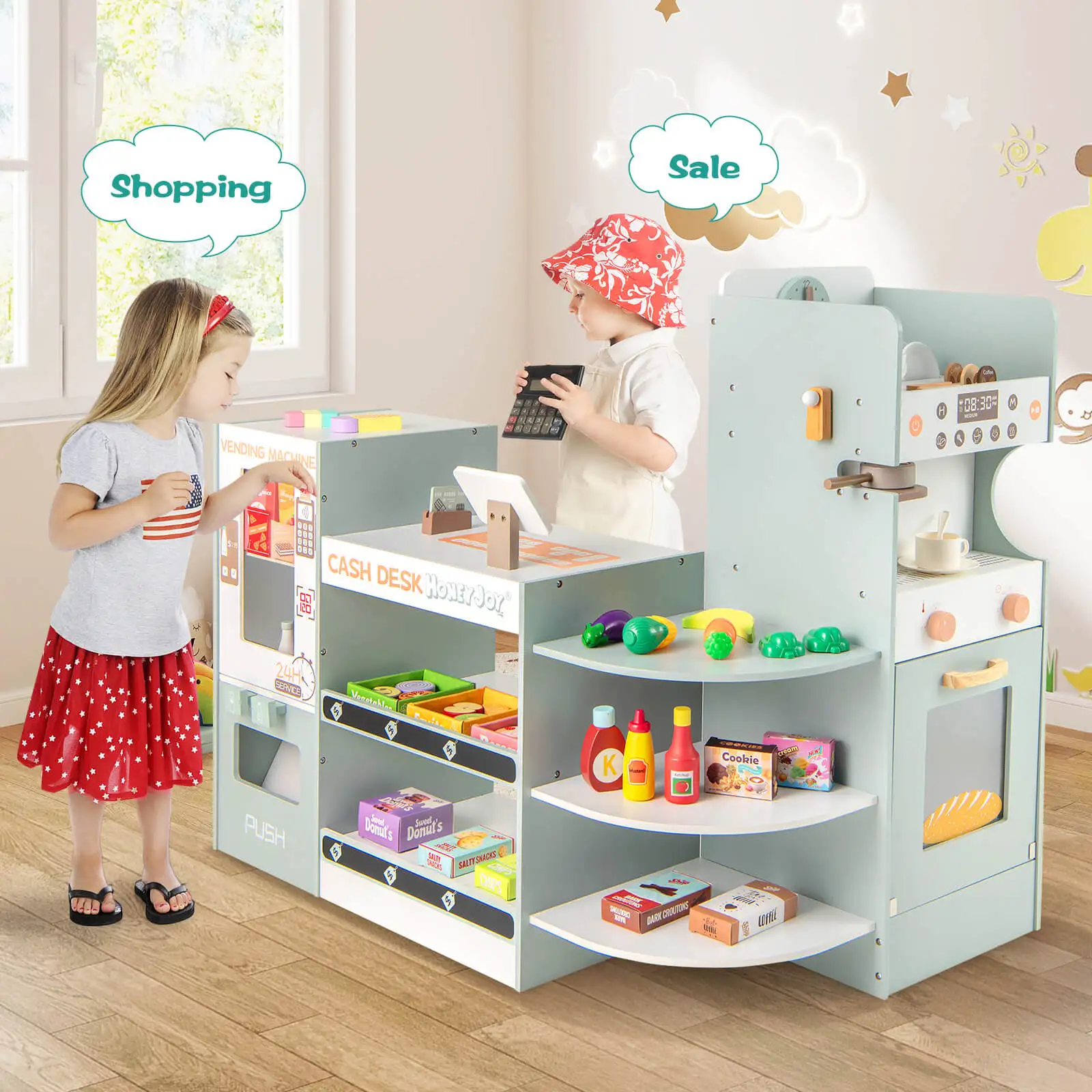 Kids Grocery Store Playset with Vending Machine Checkout Counter Coffee Maker