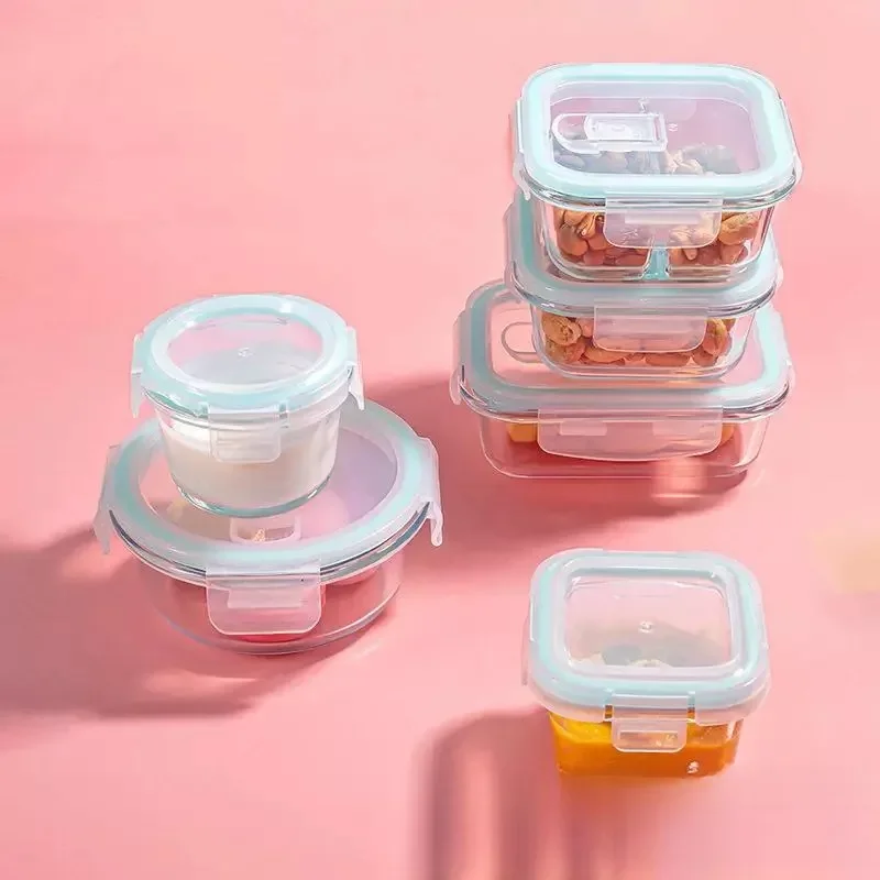 Heat Resistant Glass Microwave Lunch Box Sample Preservation Container round Shape Three Divided Compartments for Office Workers