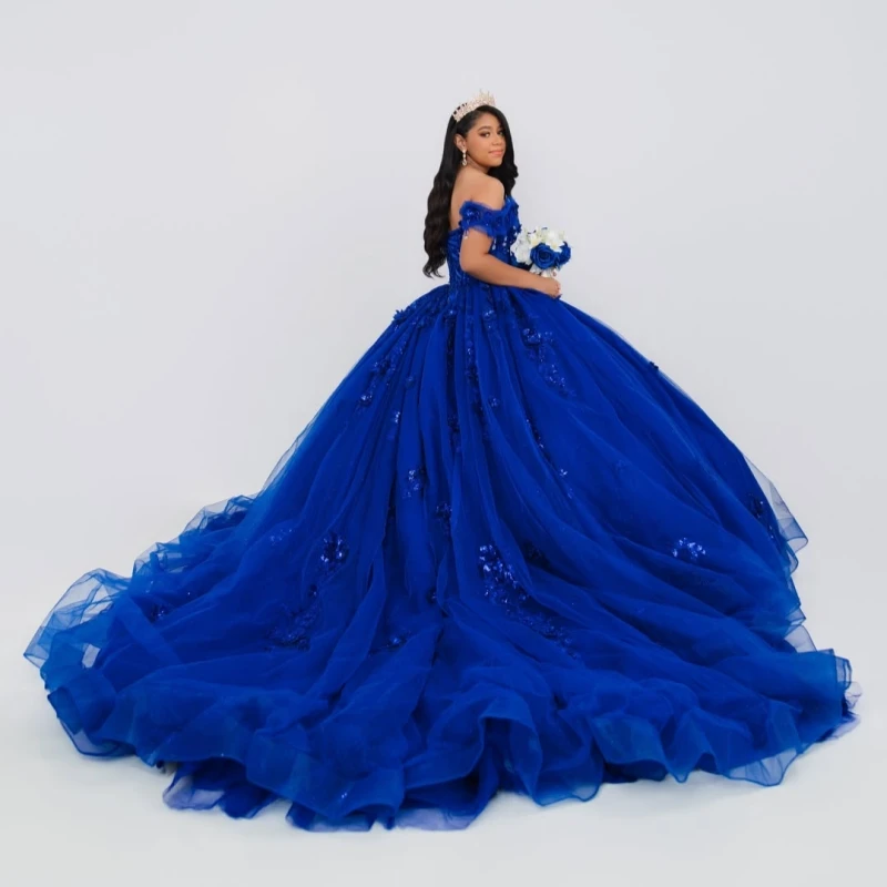 Royal Blue Glitter Quinceanera Dresses Off Shoulder Ball Gown Sweet 16 Dress Applique Flower Beading Bow Tull Party Birthday Vet