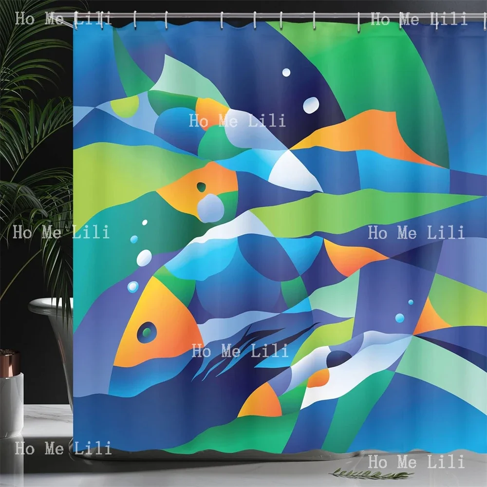 Abstract Digital Geometric Pieced Fish Circle Curves Depths Of The Sea Theme Ocean Shower Curtain Bathroom Decor